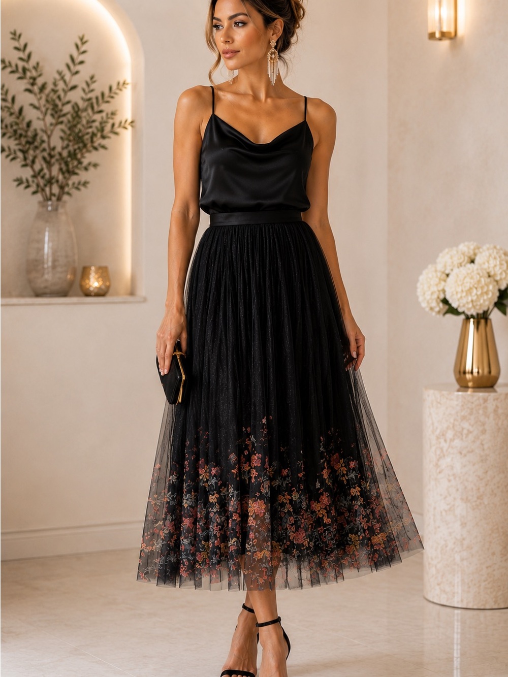 NWT 2 in 1 Elegant Black Floral Tulle Midi Skirt /Dress Strapless